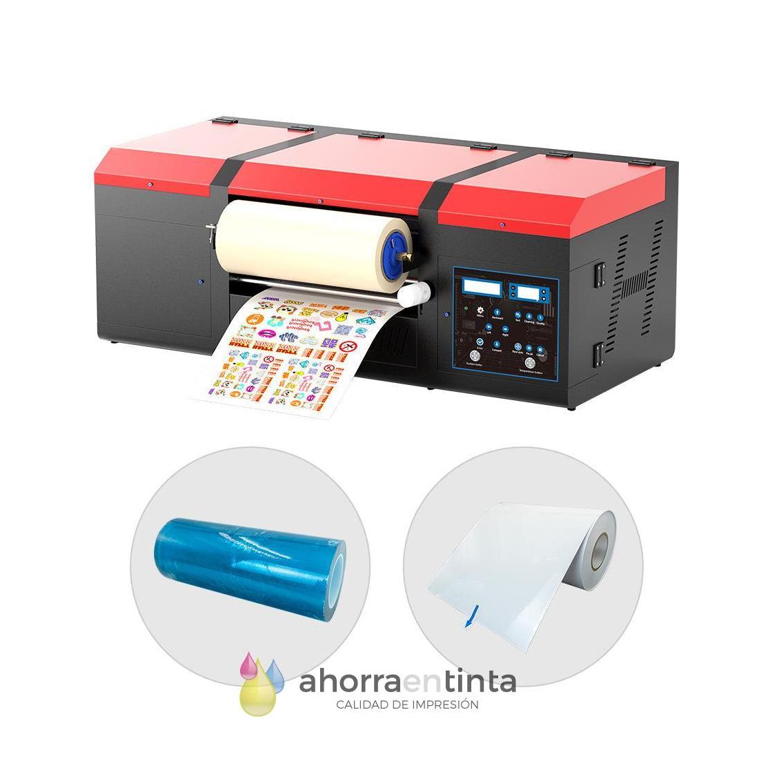 Impresora de pegatinas UV DTF 2 en 1 A3+ XP600 bobina + tinta + barniz +  liquido uv